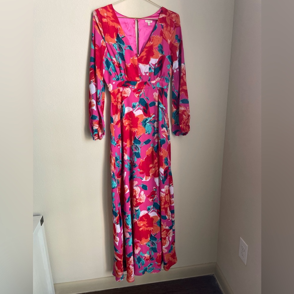 Pink V Neck Floral Maxi Dress with Side Slit